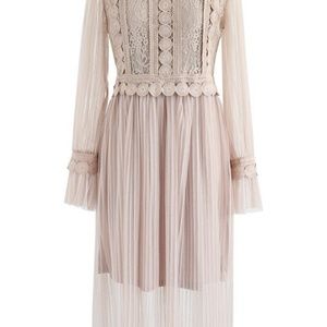 Lace Mesh Tulle Dress in Tan